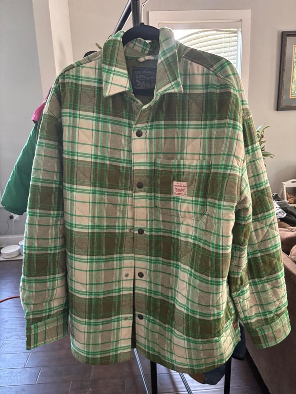 Levi's Green and Cream Plaid Quilted Shacket Jacket - Men's